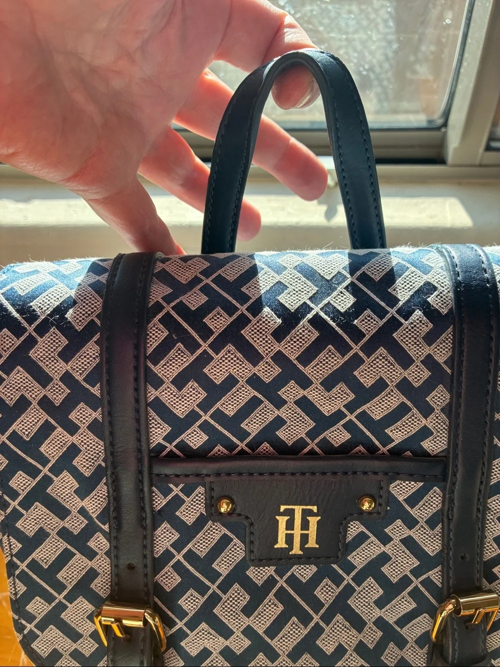 Tommy Hilfiger Navy & White Monogram Backpack with Gold-Tone Trim